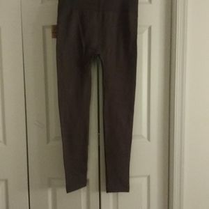 Grey and burgundy leggings.